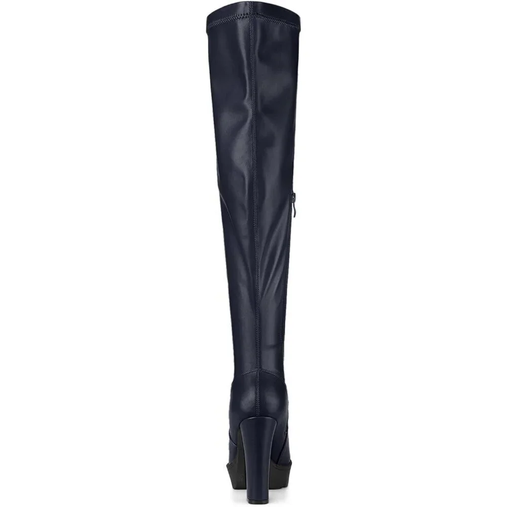 Women's Navy Blue Platform Boots Chunky Heel Over Knee High Rounded Toe Boots